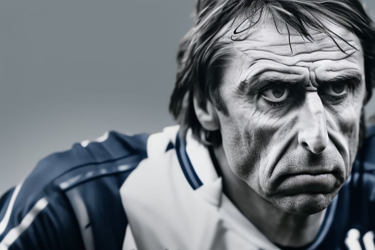 A picture of Antonio Conte looking sternly into the camera while wearing a Spurs jersey