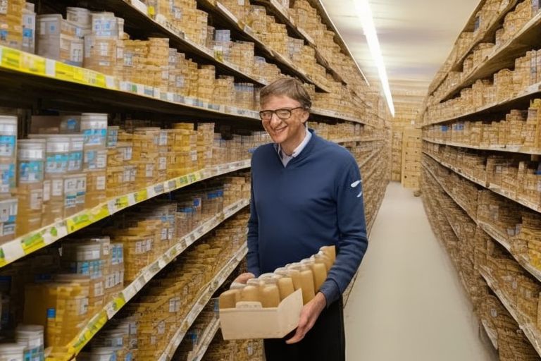 A picture of Bill Gates holding a carton of eggs with a look of smug satisfaction on his face while surrounded by empty shelves where eggs used to be stocked