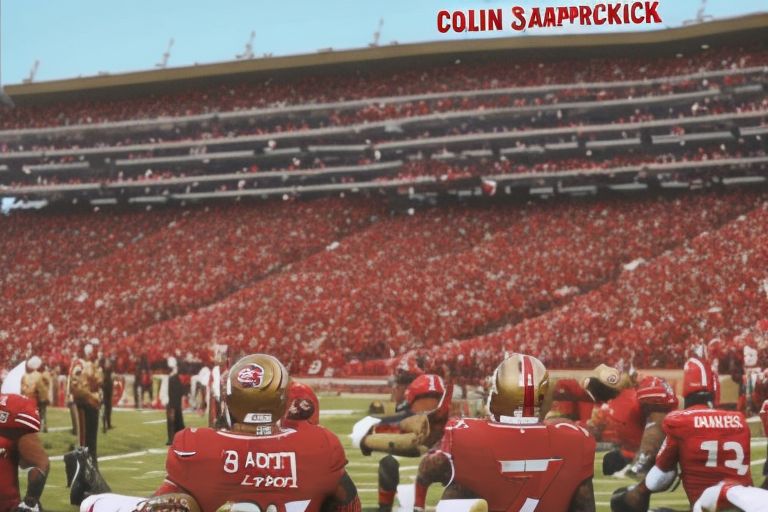 A picture of Colin Kaepernick kneeling during national anthem protest while wearing San Francisco 49ers jersey with text overlay reading "Colin Kapernick Sues Adoptive Parents For $21 Million In Reparations"