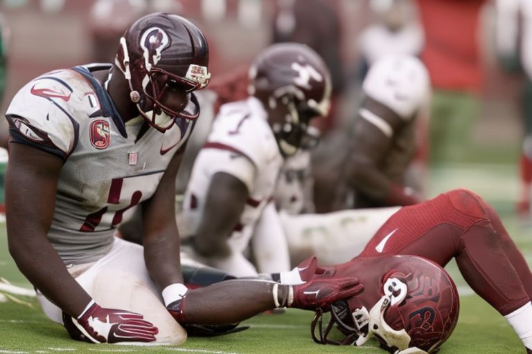 A picture of Deebo Samuel standing on the sidelines with a look of disappointment on his face while wearing a brace around his injured knee and ankle.