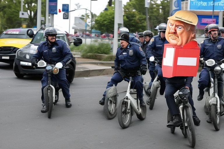 A picture of Donald Trump with an angry expression on his face while holding a stolen burger and riding away on a stolen scooter being chased by police officers on foot