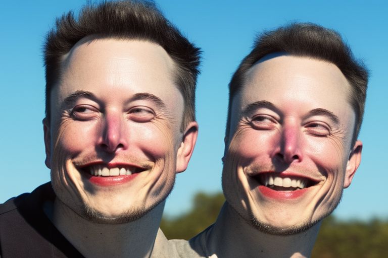 A picture of Elon Musk smiling while looking off into the distance against a bright blue sky background