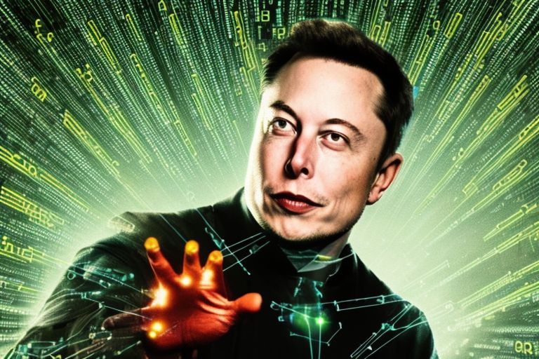 A picture of Elon Musk with his hands outstretched towards a glowing computer screen with binary code running across it.