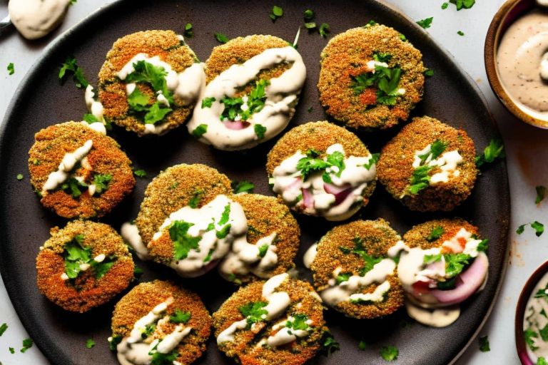 A picture of freshly prepared falafels on a plate with tahini sauce drizzled over them