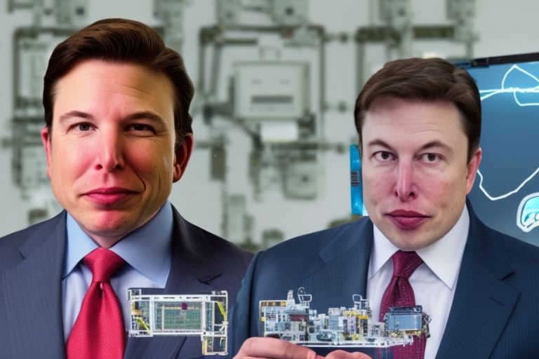 A picture of Governor Ron DeSantis looking dejected with Elon Musk in the background holding up a brain chip with "Neuralink" written on it