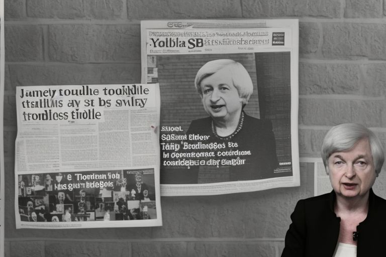 A picture of Janet Yellen making her announcement with headlines about SVB's troubles in background