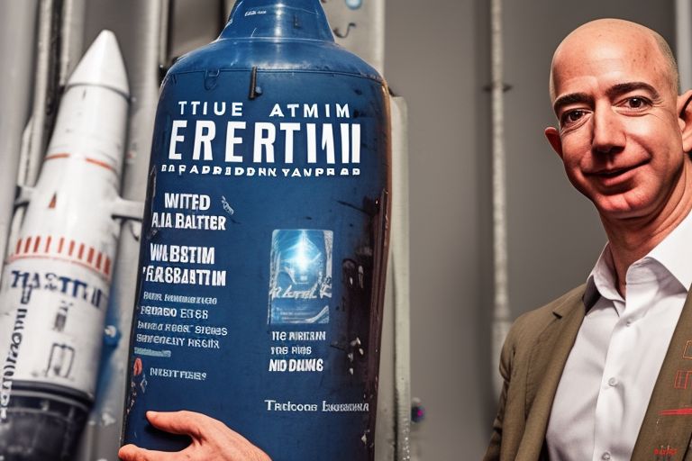 A picture of Jeff Bezos standing next to one of Blue Origins' rockets with the words "Gradatim Ferociter" written across it