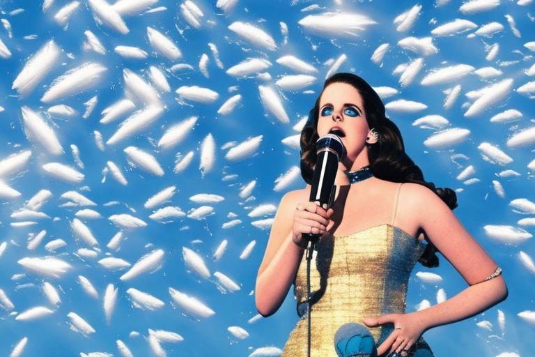 A picture of Lana Del Rey looking up at a sky full of chemtrails with a microphone in hand