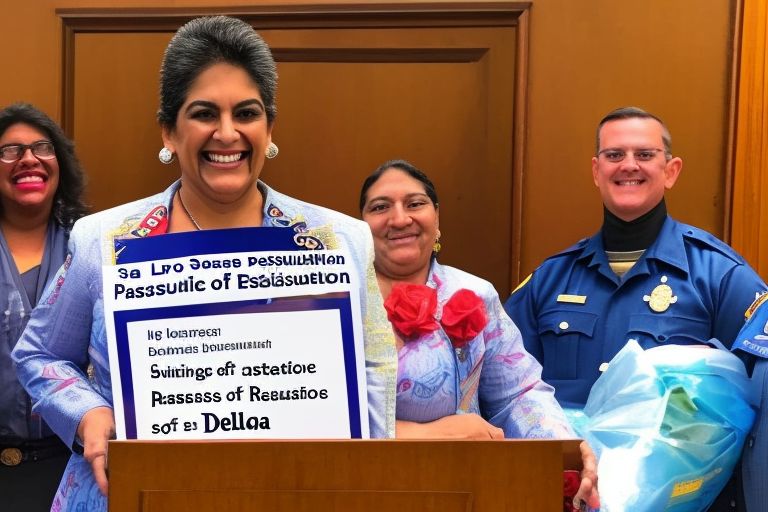 A picture of Mayor Pro Tem Delia Garza smiling with a caption reading "Mayor Pro Tem Delia Garza celebrates passage of two public safety resolutions".