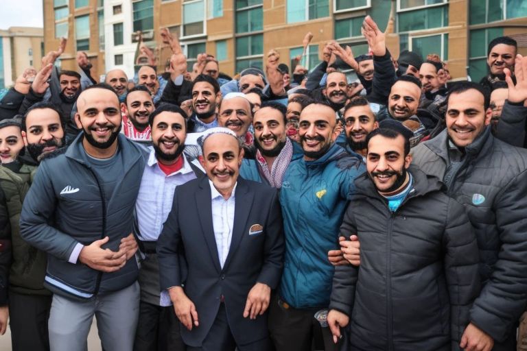 A picture of Mehran Karimi Nasseri smiling happily while standing outside his new apartment building surrounded by supportive friends and family members who are celebrating this momentous occasion with him.