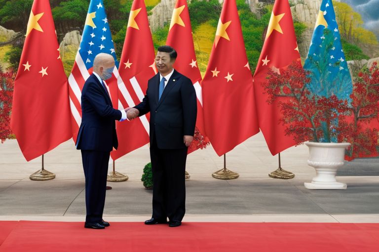 A picture of President Joe Biden shaking hands with Chinese leader Xi Jinping while both flags stand behind them on either side of them