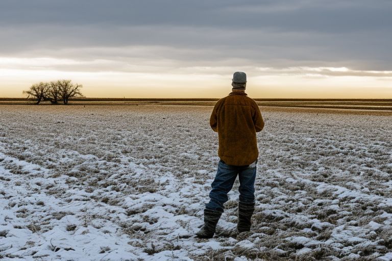 A picture of snow covered fields in rural Texas with a farmer looking out into the distance in dismay