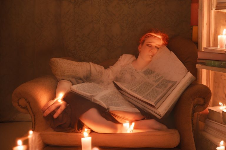 A picture of someone curled up in an armchair with a book in hand surrounded by candles and fairy lights