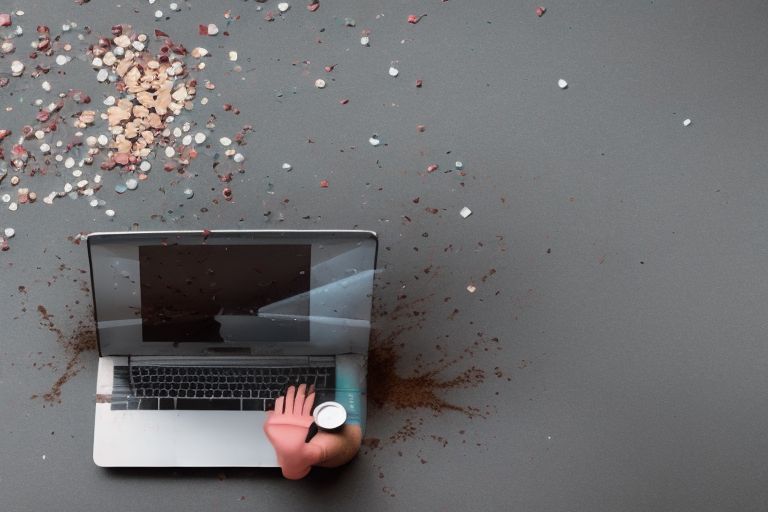 A picture of someone spilling coffee onto a laptop computer while looking distressed