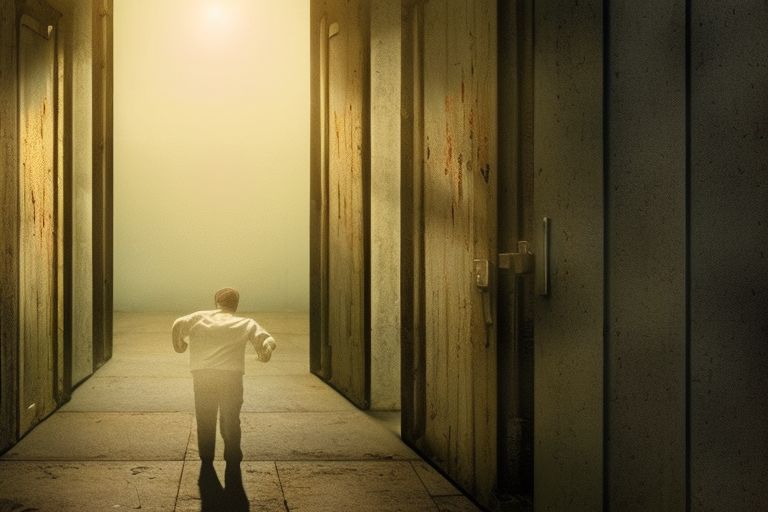 A picture of someone walking away from an old prison cell door towards freedom outside with sunshine streaming down on them symbolizing their newfound freedom after breaking free from their metaphorical "Shawshank".