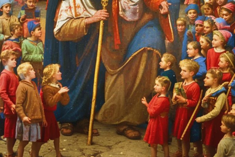 A picture of St Nicholas holding a staff surrounded by Serbian children with gifts at their feet.
