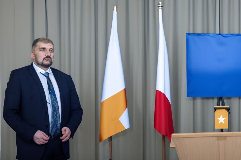 A picture of the new Minister of Defense Mikko T Savola speaking at a press conference with the Finnish flag in the background