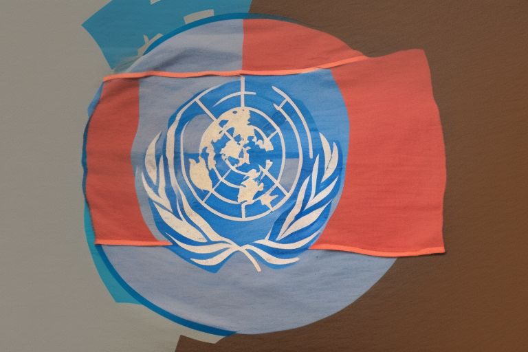 A picture of the United Nations flag flying high with the words "Estado Y Pueblp Unidso Por La Paz" underneath it in bold font