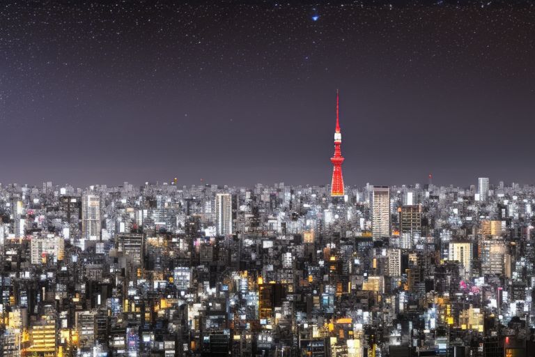A picture of Tokyo skyline at night with bright lights illuminating buildings against a dark sky