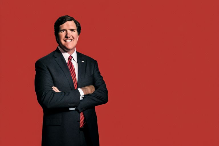 A picture of Tucker Carlson looking off into the distance while standing against a red backdrop with text reading "Tucker's Religious Beliefs Questioned"