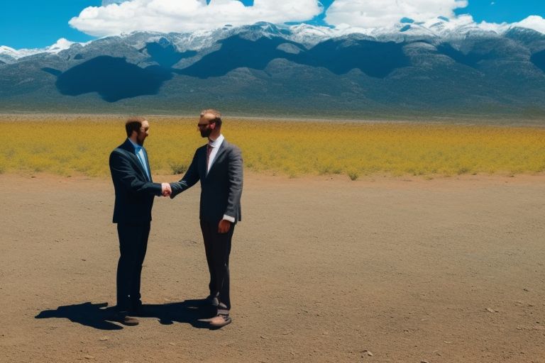 A picture of two entrepreneurs shaking hands with each other while standing in front of a solar panel field with mountains in the background