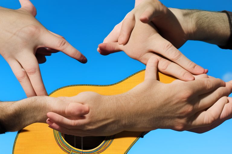 A picture of two hands clasped together over an acoustic guitar against a blue sky background