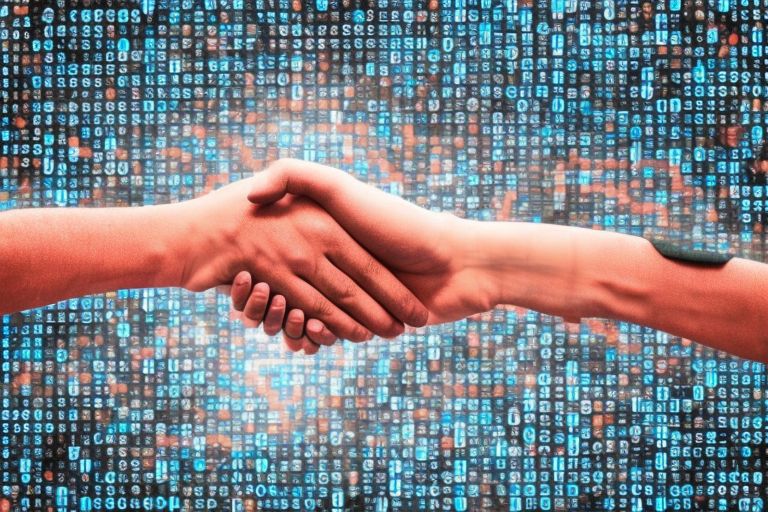 A picture of two hands shaking against a backdrop of binary code representing blockchain technology