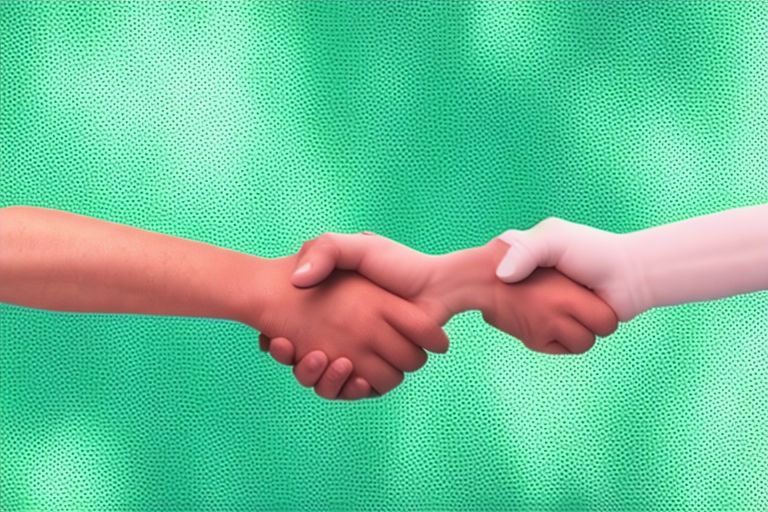 A picture of two hands shaking with a blockchain background in the colors blue and green representing Saga and Celestia joining forces to create rollups-as-a-service for developers.
