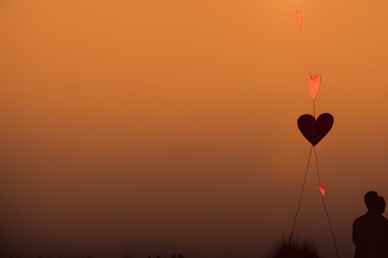 A picture of two people embracing with the sun setting in the background and love hearts floating around them