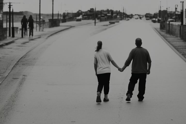 A picture of two people walking away from each other while holding hands