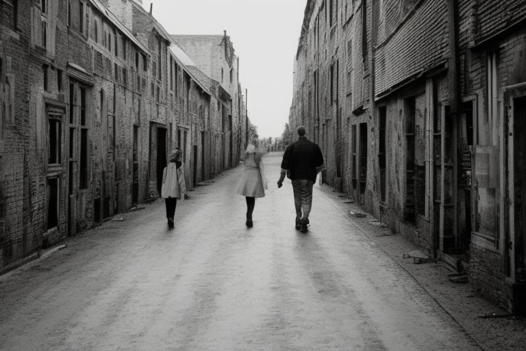 A picture of two people walking hand-in-hand down a street lined with old buildings and memories from the past.