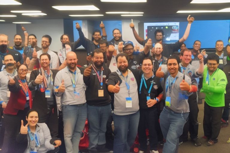 A picture of WapuuGotchi giving a thumbs up while standing next to members of the Joomla team working on their project at CloudFest hackathon