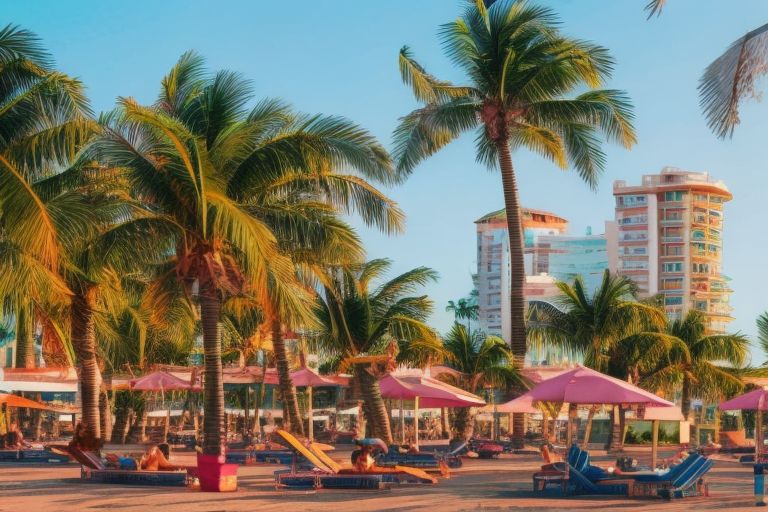 A picture showing a beachfront resort with palm trees swaying in the breeze while people lounge around enjoying their stay in Mazatlan