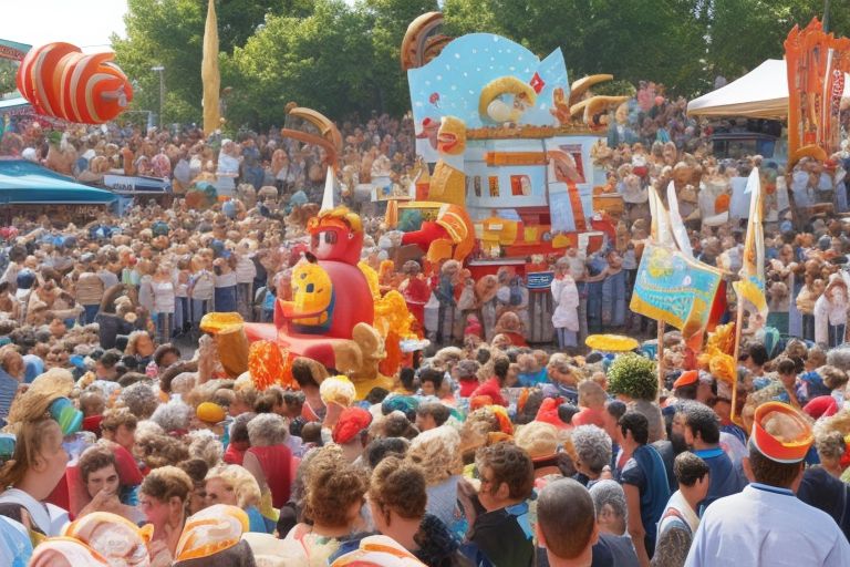 A picture showing a crowd gathered around a float decorated with fry-themed decorations during the parade in Kryopolis