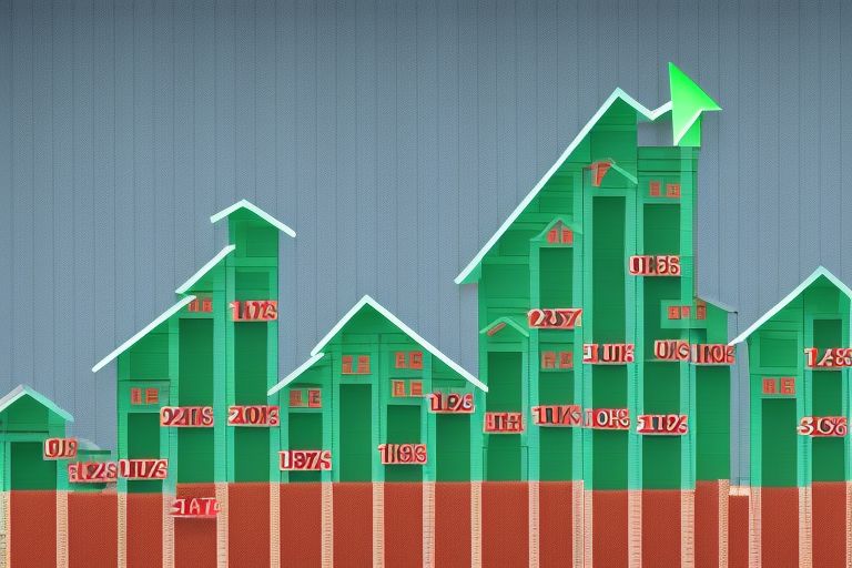 A picture showing a graph with decreasing numbers indicating declining real estate sales over time against a backdrop of houses under construction