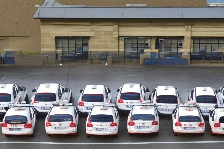 A picture showing a group of police cars parked outside a station house with one empty spot where a Toyota used to be parked before it was removed from service due to cost-cutting measures taken by law enforcement agencies nationwide