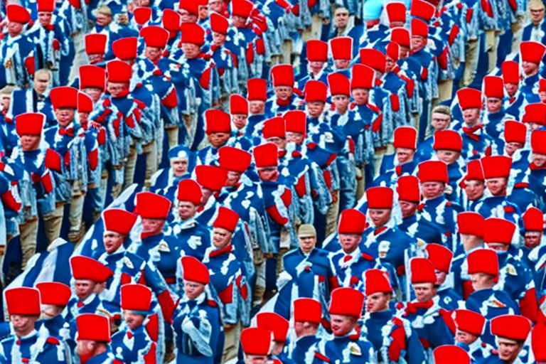 A picture showing a group of Russian soldiers marching together during a parade in Moscow with flags flying behind them representing their country's colors (red white & blue).