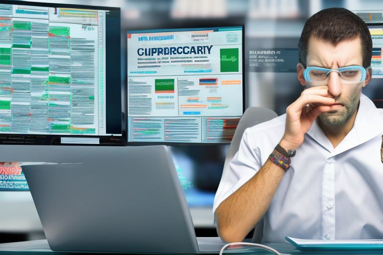 A picture showing a person looking concerned while looking at their computer screen with headlines about cryptocurrency exchanges in the background