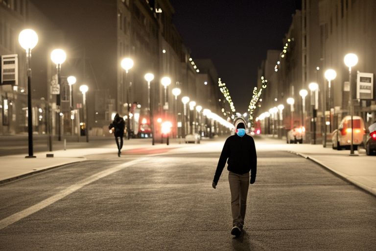 A picture showing a person wearing a face mask while walking through a deserted street at night illuminated only by street lamps - emphasizing how even taking all necessary precautions may still not be enough to prevent further outbreaks from occurring across Canada's provinces and territories if we don't act now before it gets out of control once again like we saw during last year's pandemic peak here in Canada back in April 2020