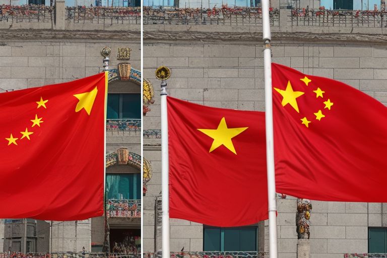 A picture showing a side-by-side comparison between Chinese flags (representing authoritarianism) versus Spanish flags (representing democracy).