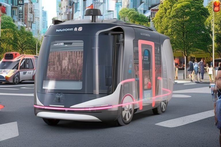 A picture showing an electric driverless shuttle navigating through a busy street with pedestrians walking nearby