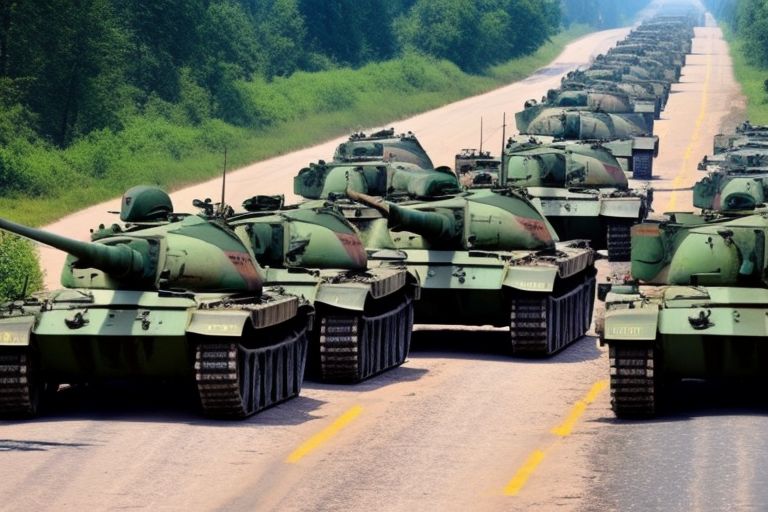 A picture showing military tanks lined up along a road leading into Ukraine