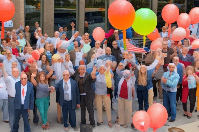 A picture showing people gathering around outside with balloons celebrating local business owners in Anytown USA