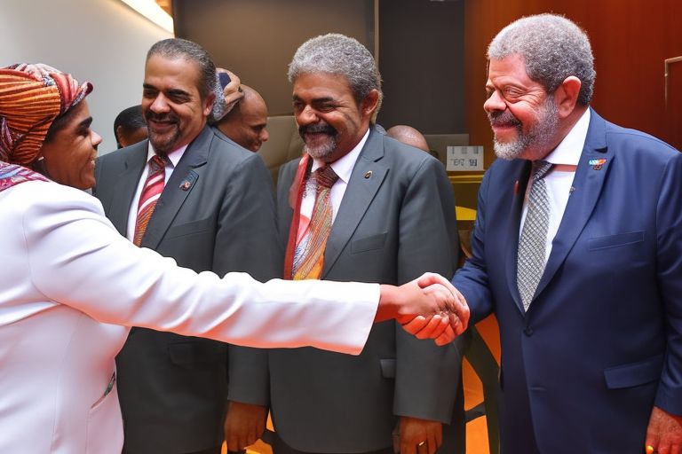 A picture showing President Lula shaking hands with Prefect Bocalomo while Minister Marina Silva looks on in the background