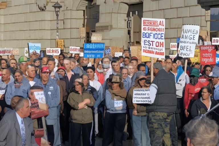 A picture showing Seu Ex-BBB standing with a microphone in front of a crowd holding up signs protesting against high gas prices and cuts to Bolsa Família benefits