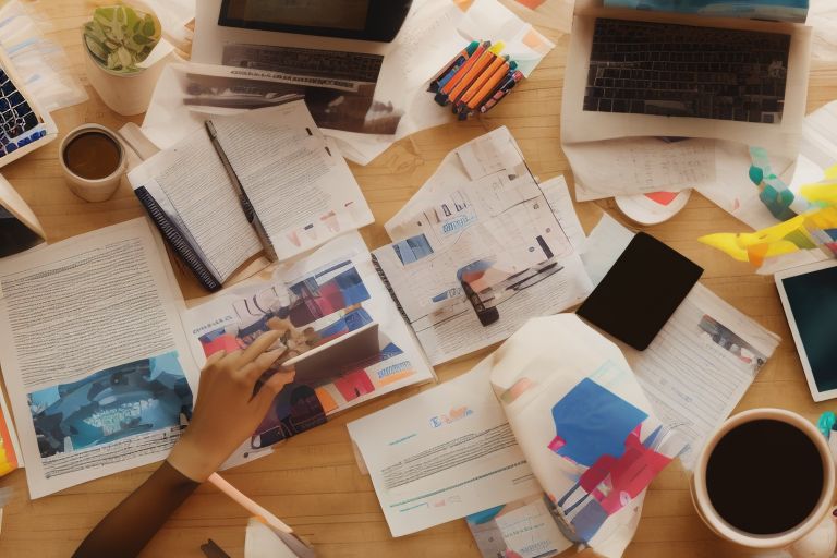 A picture showing someone studying hard at their desk with books surrounding them