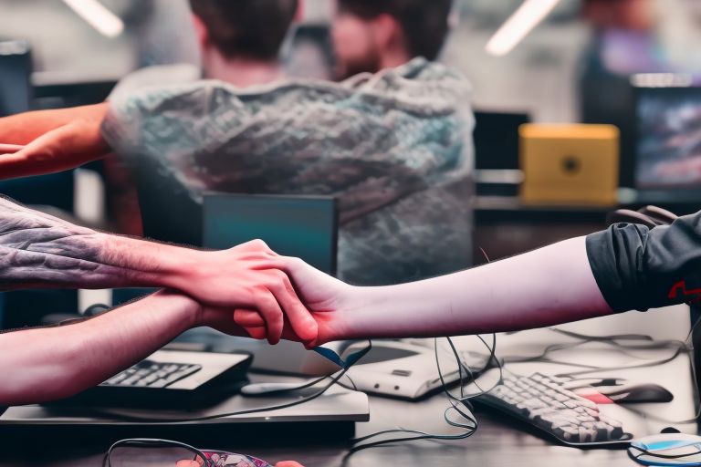 A picture showing two hands shaking against a backdrop of computers playing video games