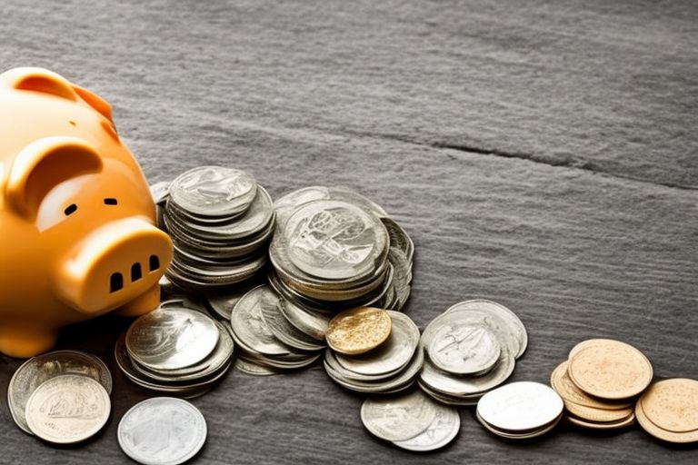 A piggy bank with coins spilling out onto a pile of bills.