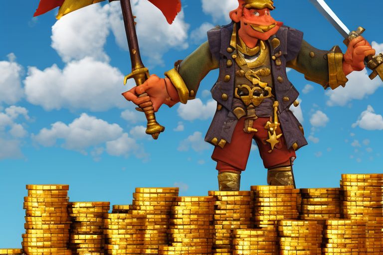 A pirate holding a sword aloft while standing atop a pile of gold coins