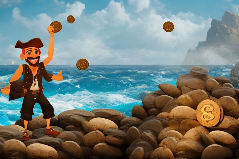 A pirate holding up a bag full of coins with a smile on his face against a backdrop of blue ocean waves crashing against rocks